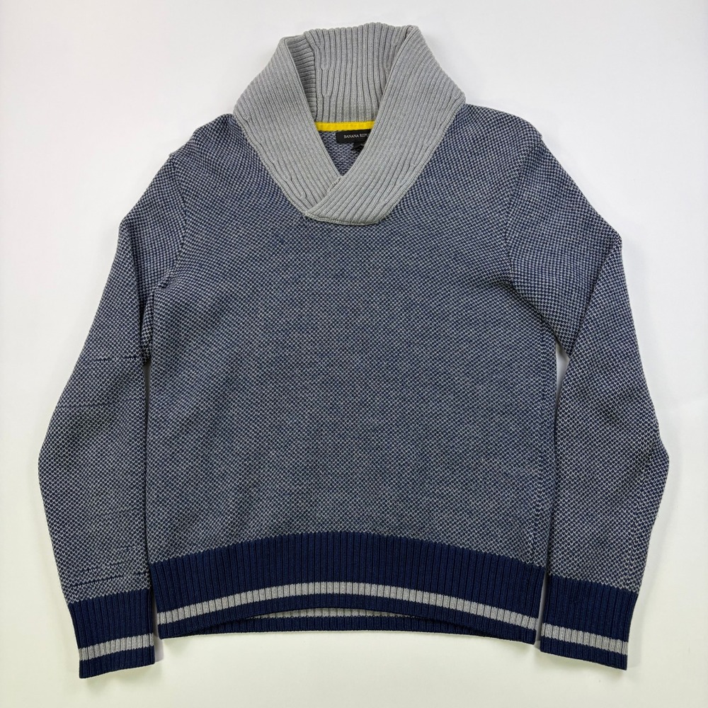 Banana Republic Shawl Collar Sweater Mens Small Navy Blue Merino Wool Birdseye - Picture 1 of 10